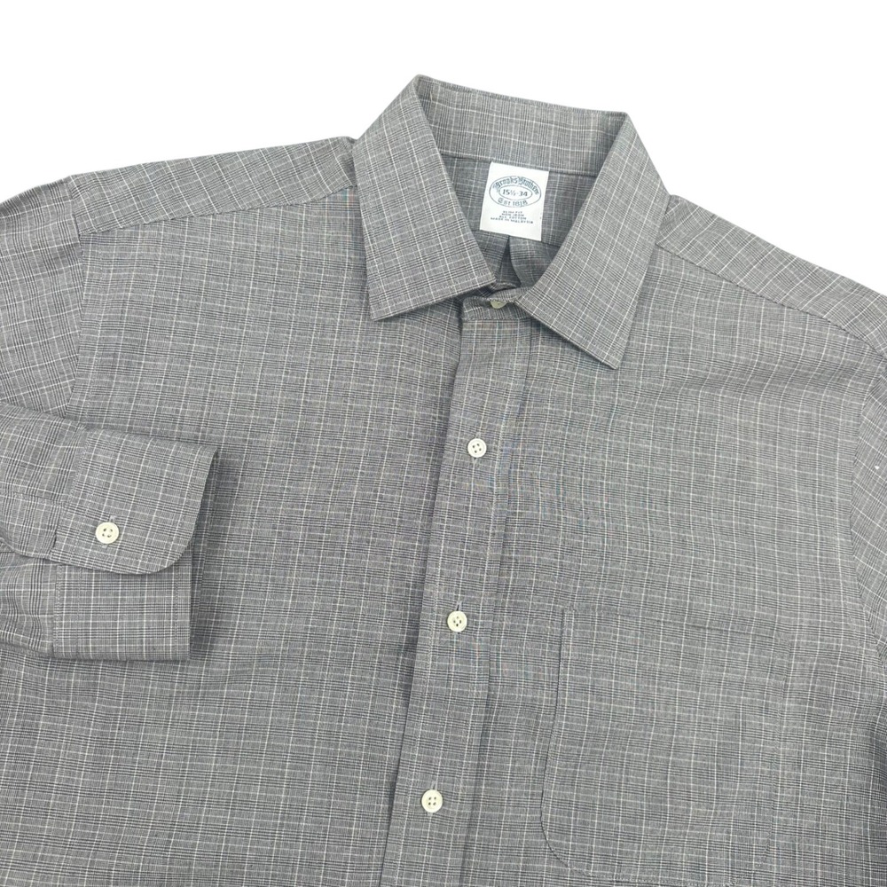 Brooks Brothers Slim Fit Dress Shirt 15.5 34 Grey Glen Plaid Cotton Non‎ Iron